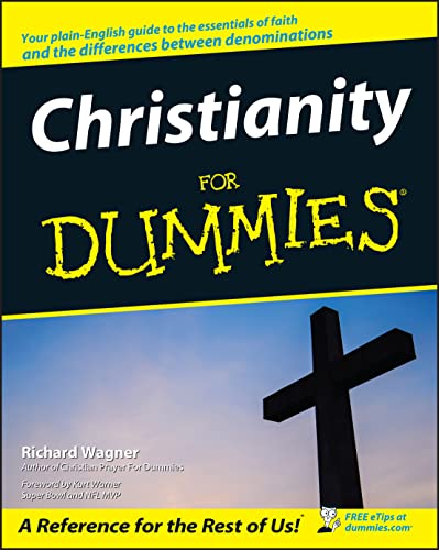 Book cover: "Christianity for Dummies" with a black cross image.