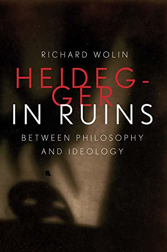Book cover: “Heidegger in Ruins” with red text on a dark, textured background.