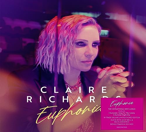 Claire Richards album cover, “Euphoria”, with artist portrait and pink sticker.