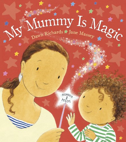 Book cover: mother and child with sparkling wand, red star background.