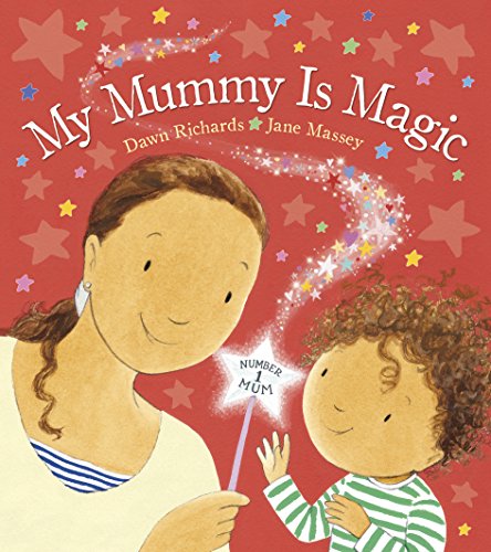 A mother and child on a red background with stars and a magic wand.
