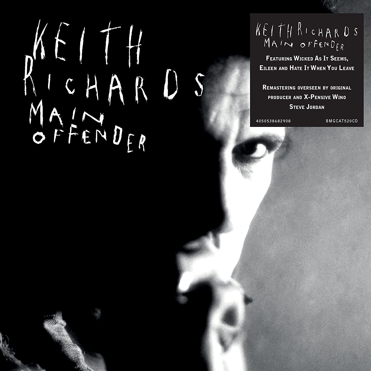 Black and white album cover with Keith Richards' face and title "Main Offender" text.