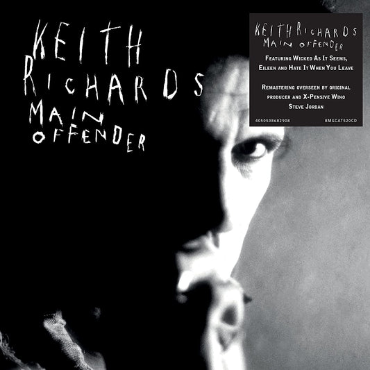 Black and white album cover with Keith Richards' face and title "Main Offender" text.