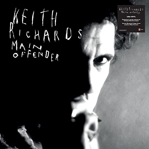 Black and white close-up portrait of Keith Richards for the album Main Offender.
