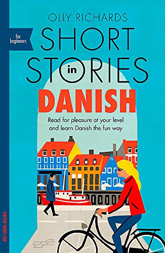 Book cover: “Short Stories in Danish” with illustrated town and cyclists.