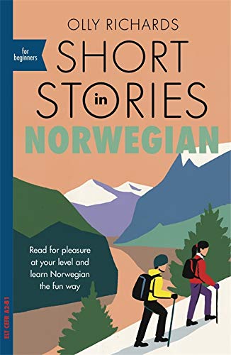 Book cover with hikers and mountains, titled “Short Stories in Norwegian.”