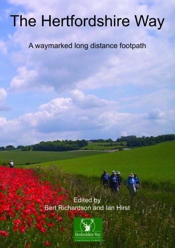 Book cover depicting hikers on a rural path, titled “The Hertfordshire Way.”