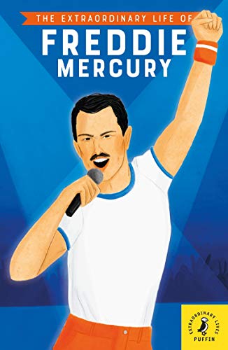 Book cover illustration of Freddie Mercury singing with his arm raised on blue background.