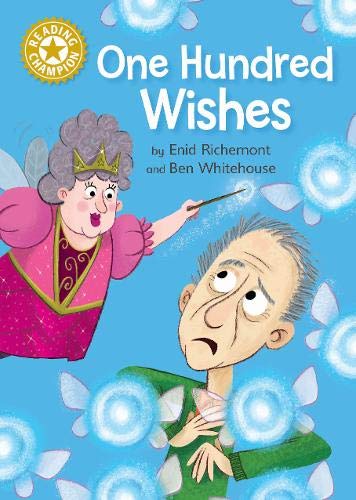 Book cover: fairy with wand, surprised older man, blue background.