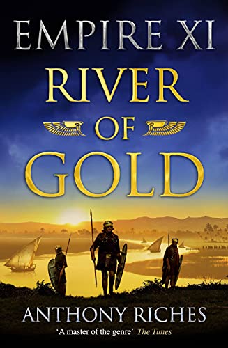 Book cover showing Roman soldiers standing by a river at sunset with sailboats.
