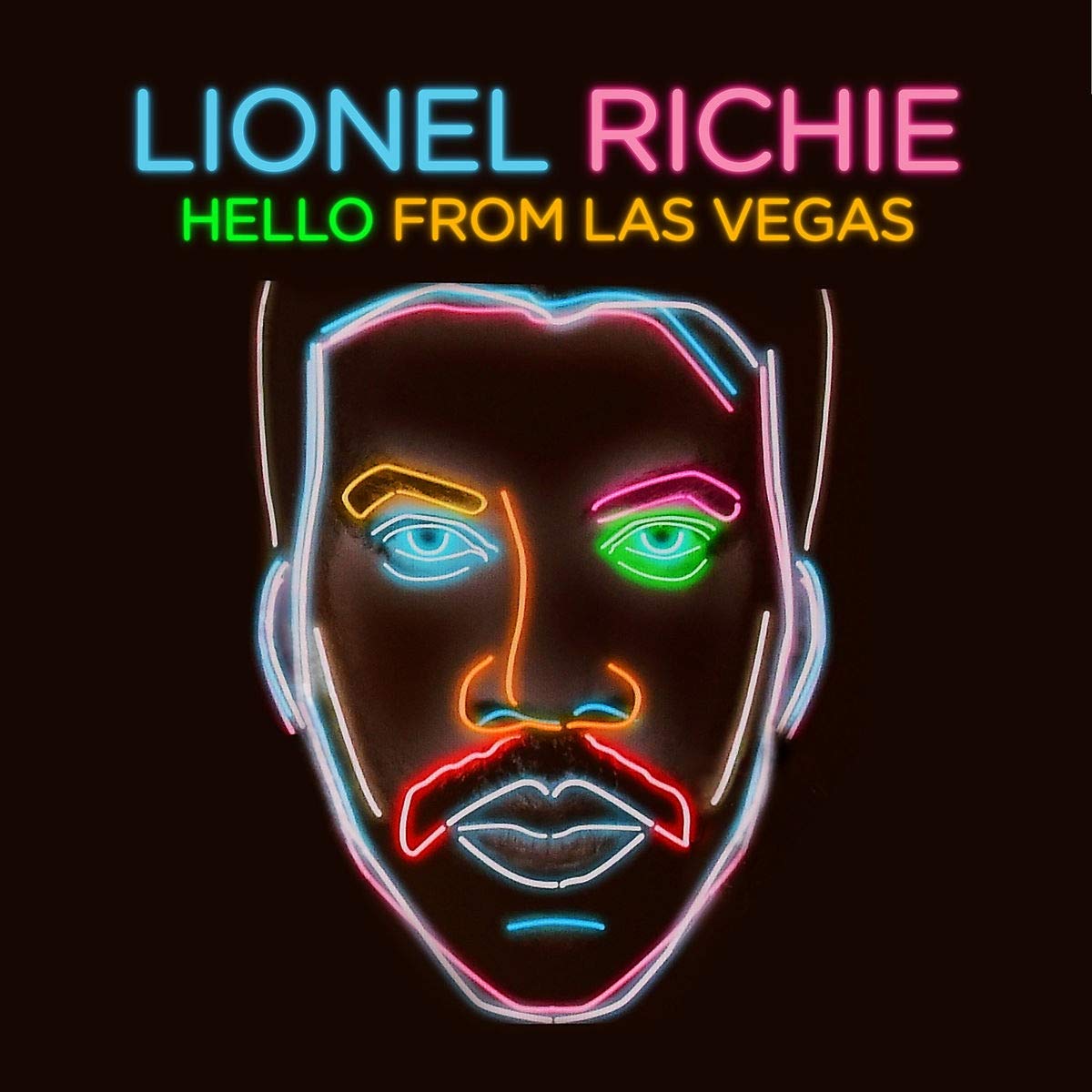 "Album cover with neon outline of a man's face against a black background."