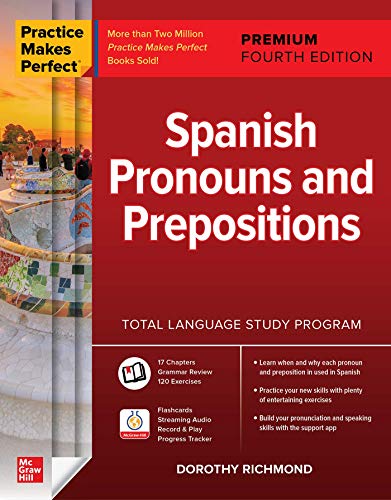 Red textbook cover with title "Spanish Pronouns and Prepositions," fourth edition.