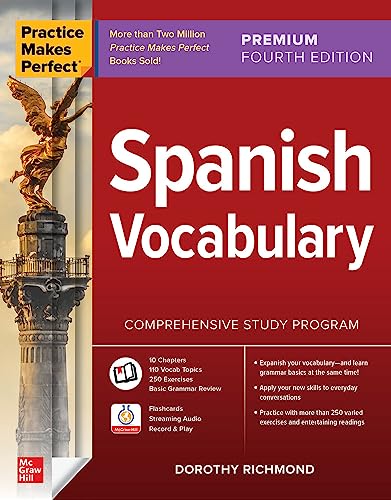 Book cover for Practice Makes Perfect Spanish Vocabulary with a statue on the left.