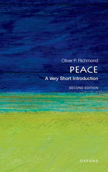 Book cover: "Peace: A Very Short Introduction" with blue, green, and yellow paint.