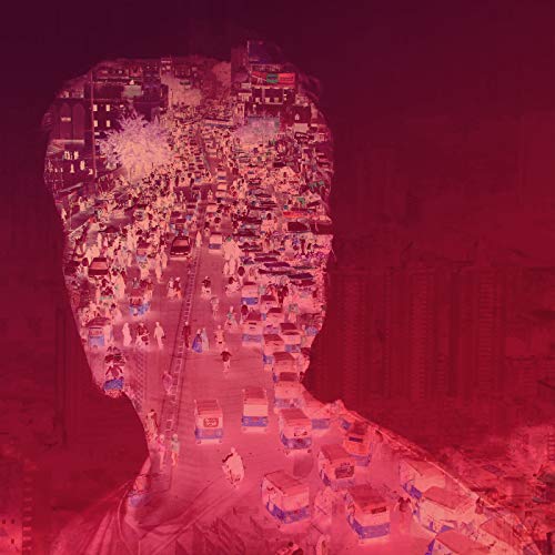 Red portrait filled with a dense, bustling cityscape image.
