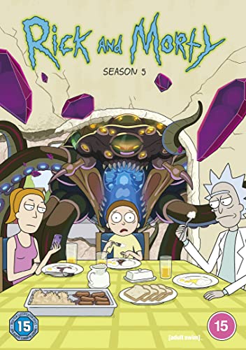 Rick and Morty Season 5 DVD cover with characters at a table.