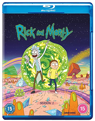 Rick and Morty Season 1 Blu-ray cover featuring characters stepping through a green portal.