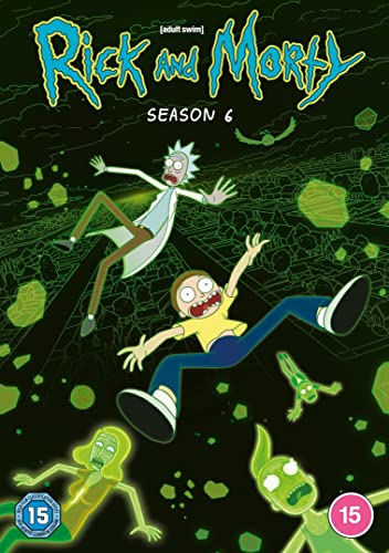 Rick and Morty Season 6 DVD cover with characters falling against a green background.