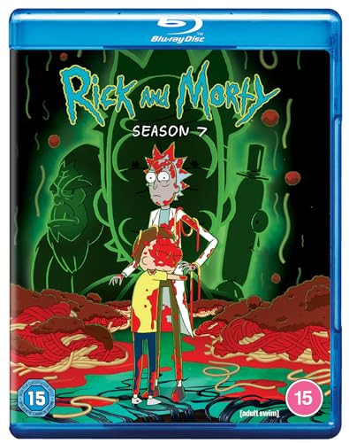 Rick and Morty Season 7 Blu-ray case with characters and spaghetti.