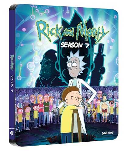 Rick and Morty Season 7 steelbook cover featuring Rick and Morty with many characters.