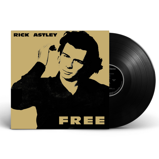 Rick Astley “FREE” vinyl record with black and gold album cover.