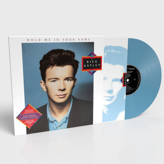 Rick Astley album cover and blue vinyl record on white background.