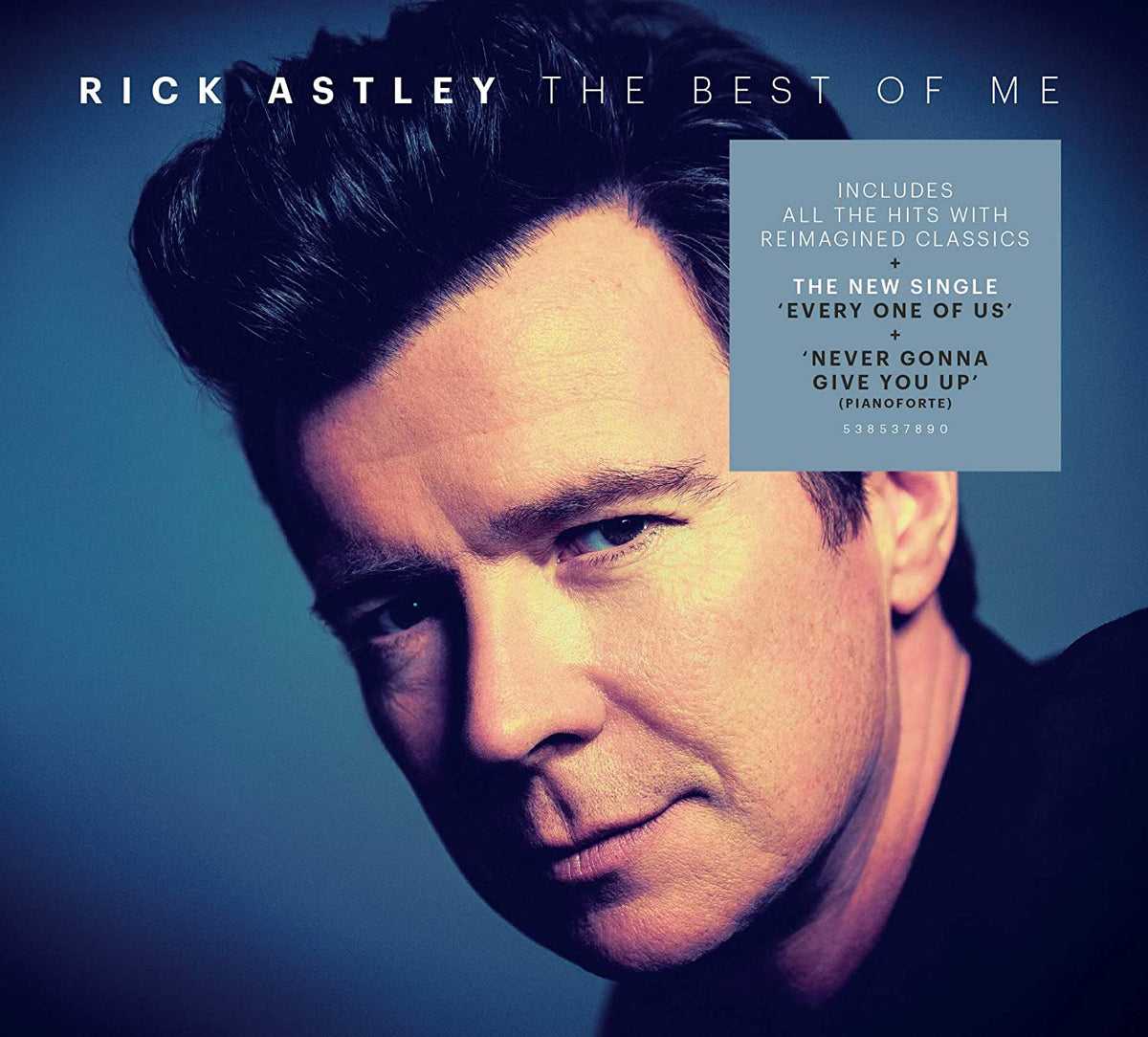 "Album cover featuring a close-up of Rick Astley's face against a blue background."