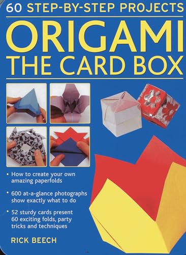 Blue origami kit in a tin box with example folded paper shapes.
