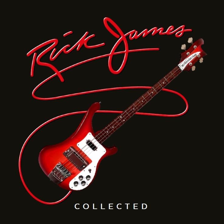 A red Rickenbacker bass guitar against a black background with red Rick James script.