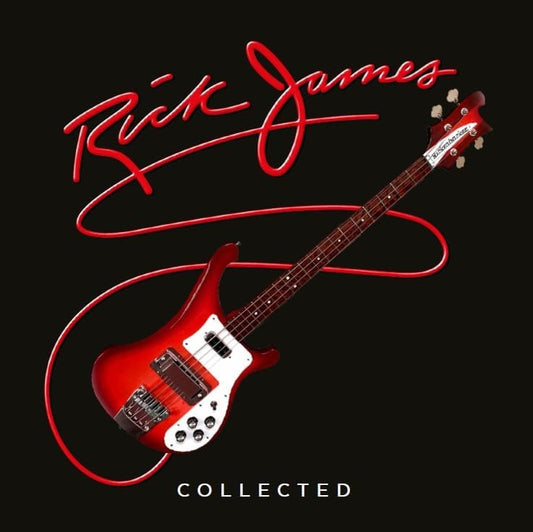 A red Rickenbacker bass guitar against a black background with red Rick James script.