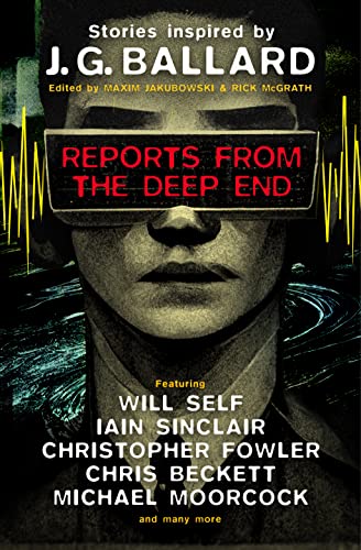 Book cover: face obscured by technology, red title "Reports from the Deep End".