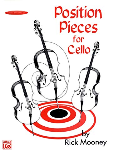 Book cover titled Position Pieces for Cello by Rick Mooney featuring three illustrated cellos.
