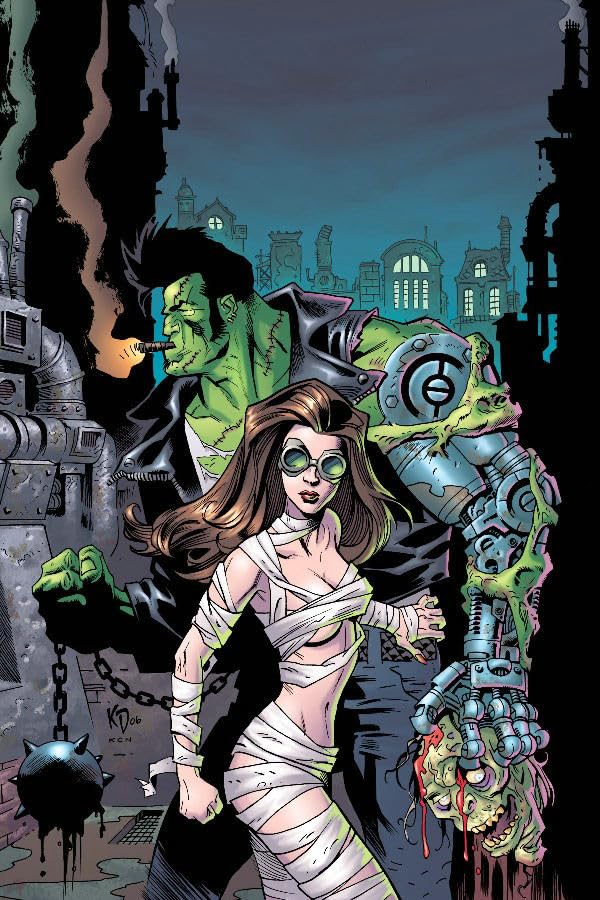 Comic book cover featuring a mummy, Frankenstein’s monster, and a robot.