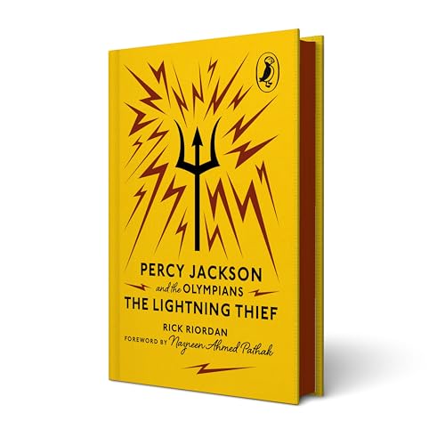 Yellow book cover with a black trident and title "Percy Jackson and the Lightning Thief".