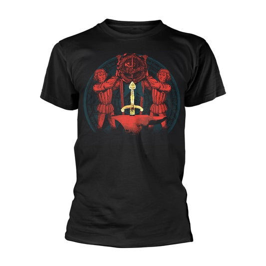Man wearing a black t-shirt with a graphic of King Arthur's sword.