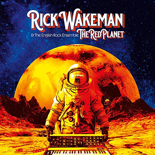 Astronaut playing keyboard on Mars with a red planet in the background.