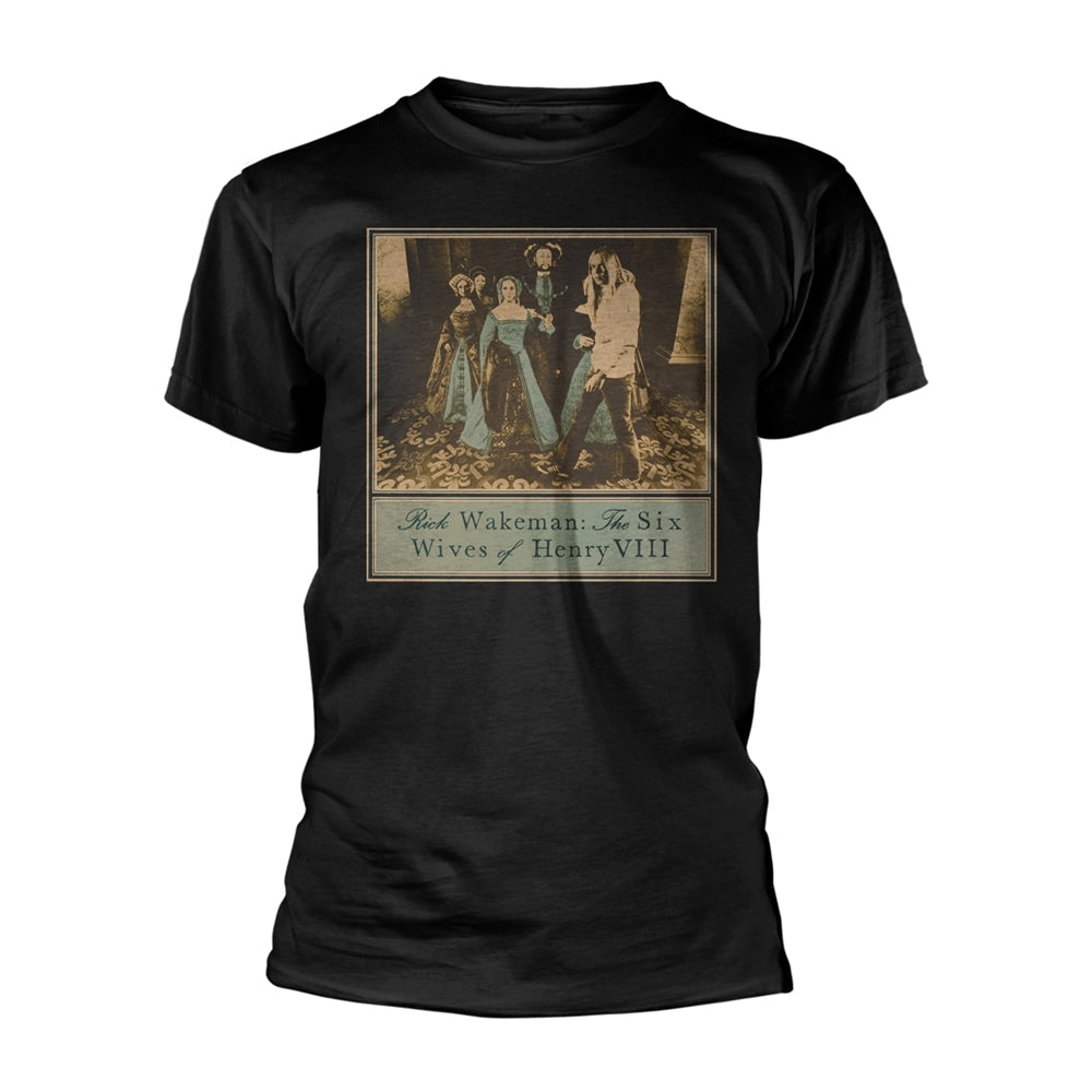 Black t-shirt with album art for Rick Wakeman’s “The Six Wives of Henry VIII.”