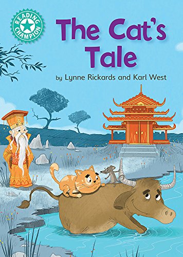 Book cover featuring an orange cat and mouse riding a water buffalo near temple.