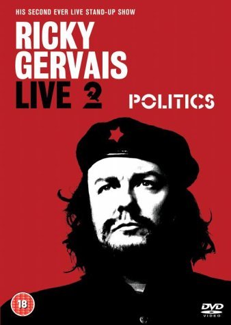 Ricky Gervais in black and white wearing a beret with a red star on red background.