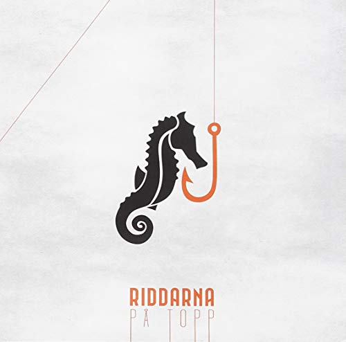 A black seahorse silhouette next to an orange fishing hook on white background.