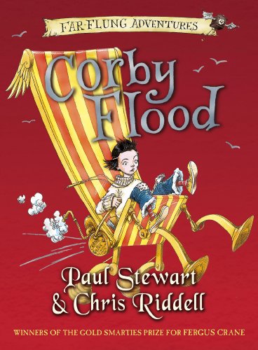 Book cover: boy in striped chair with mechanical wings, red background.