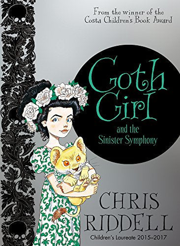 Book cover: girl with cat, floral crown, ornate black designs.