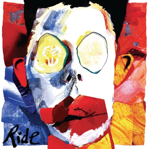 Abstract painted face with large eyes and the band name "Ride".
