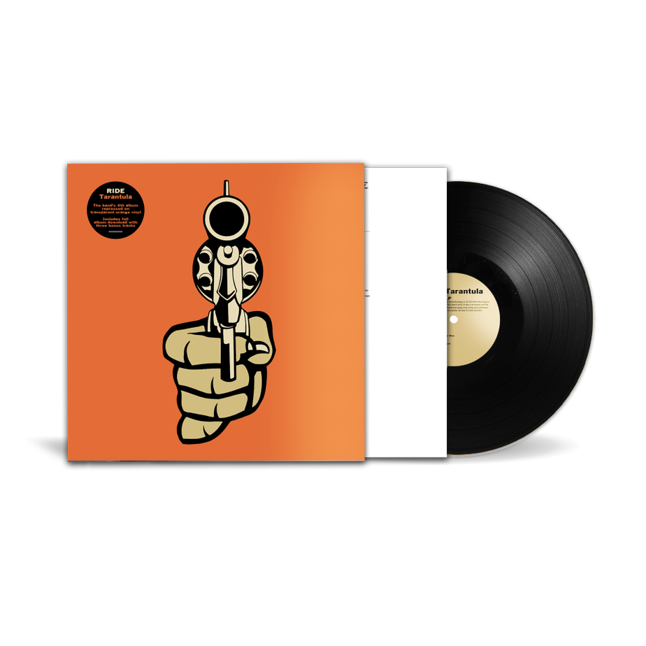Album cover showing a hand holding a revolver, with a transparent orange vinyl record.