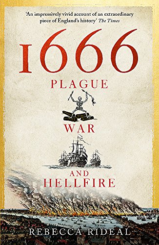 Book cover: "1666: Plague, War and Hellfire" with skeletal figure and fire.