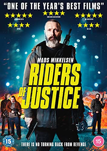 Mads Mikkelsen stands in the center of the Riders of Justice DVD cover art.