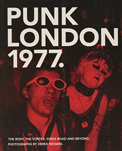 BookHred-tinted photo of two punk figuresB individuals on a book cover titled Punk London 19B77.