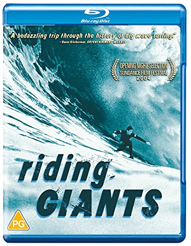"Blu-ray case with a surfer riding a giant wave, titled 'Riding Giants'."