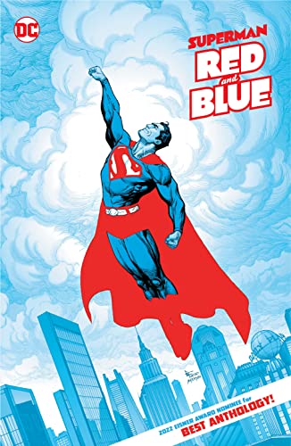 Superman flying over a city, comic book cover, red and blue palette.