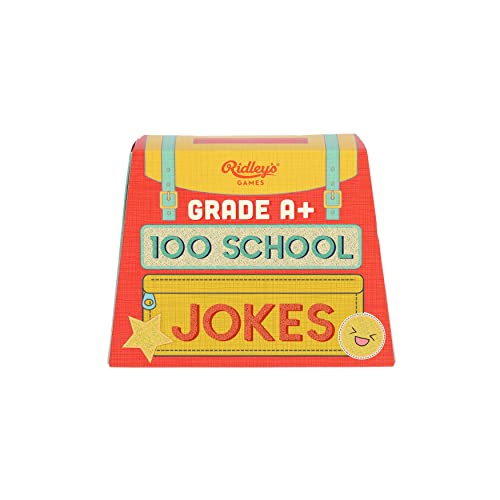 Red triangular box with “100 School Jokes” text and star graphic.